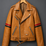 Brown Striped Leather Biker Jacket